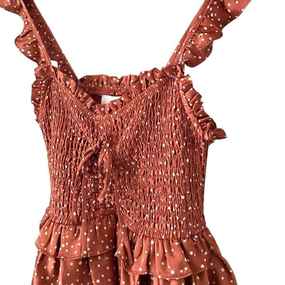 Storia Smocked Tiered Maternity Rust Polka Dot Midi Dress in Size Small - Picture 8 of 14